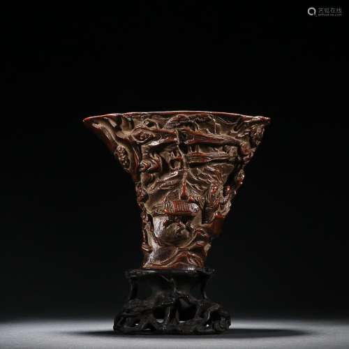 CHINESE AGARWOOD CUP WITH CARVED 'FIGURE STORY'