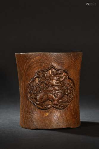 CHINESE AGARWOOD BRUSHPOT WITH CARVED 'QILIN'