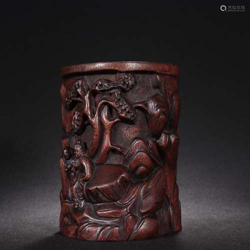 CHINESE AGARWOOD BRUSHPOT WITH CARVED 'FIGURE STORY...