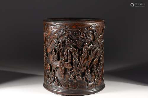 CHINESE AGARWOOD BRUSHPOT WITH CARVED 'FIGURE IN A LAND...