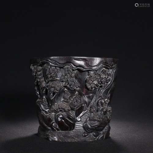 CHINESE SANDALWOOD BRUSHPOT WITH CARVED 'FIGURE STORY&#...