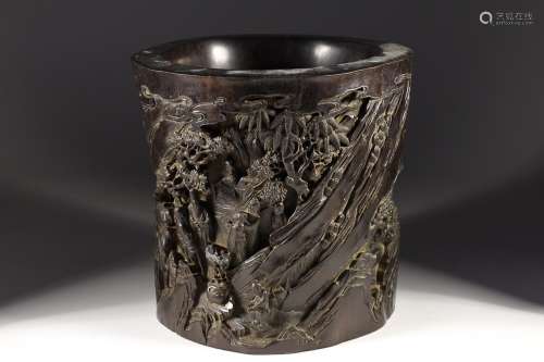 CHINESE SANDALWOOD BRUSHPOT WITH CARVED 'FIGURE STORY I...