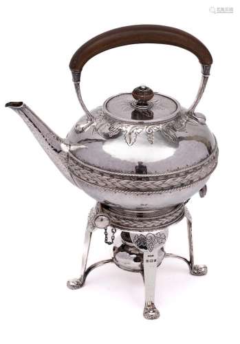 A George V hammered silver tea kettle, stand and burner, mak...