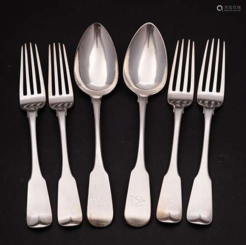A set of four George III Irish Fiddle pattern table forks, m...