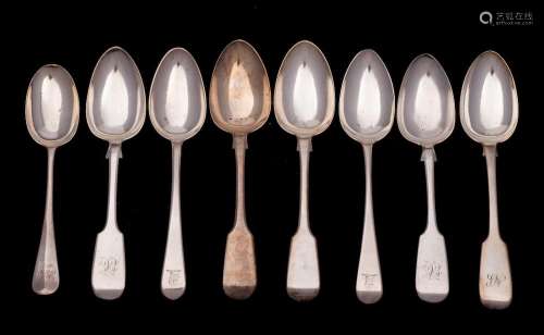 Five assorted silver Fiddle pattern dessert spoons, various ...