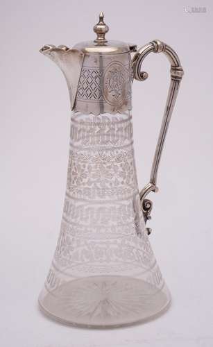 A Victorian etched glass and silver mounted claret jug, make...