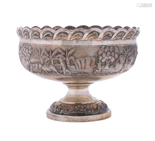 A Burmese silver pedestal bowl: of circular outline with wav...