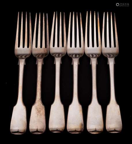 A set of six Victorian silver Fiddle pattern table forks, ma...