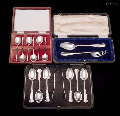 A set of six George V silver teaspoons and sugar tongs, make...