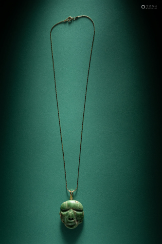 A Chontal Jade Maskette Pendant Necklace with Gold Chain Len...