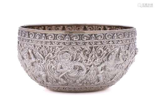 An Indian silver bowl: of circular outline, with embossed de...