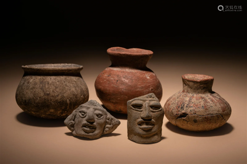 Three Pre-Columbian Terracotta Bowls and Two Face Fragments ...