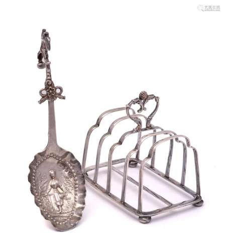 A late Victorian silver four-division toast rack, maker Atki...