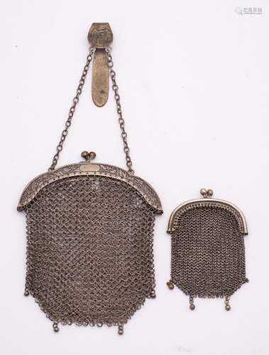A Chinese silver mesh purse, bears finesse mark: together wi...