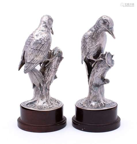A pair of German silver models of woodpeckers, maker L Neres...