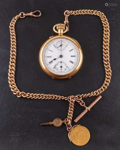 A gold split-seconds chronograph pocket watch: the movement ...