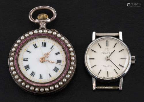 An early 20th century, silver fob watch and a ladies Omega &...