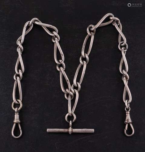 A silver Albert pocket watch chain: Figaro chain link marked...