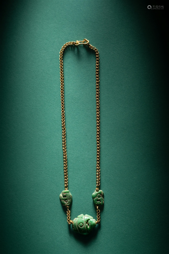 Three Proto-Maya Jade Parrot Pendants with Gold Necklace Wid...