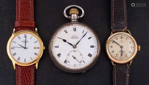 A gold-plated Omega wristwatch: the silvered dial with Arabi...
