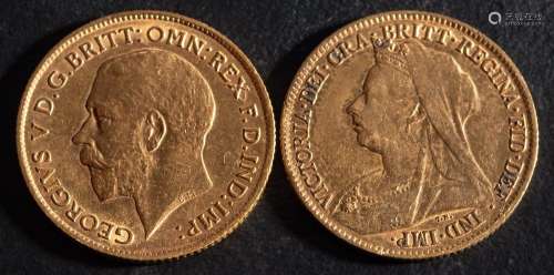 Two half sovereign gold coins, 1895 and 1911,: diameter ca. ...
