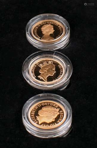 A proof set of three gold sovereign coins from 1979, 1985 an...