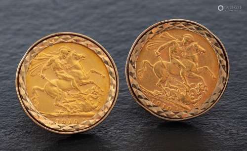 A pair of cufflinks set with Edward VII gold sovereign coins...