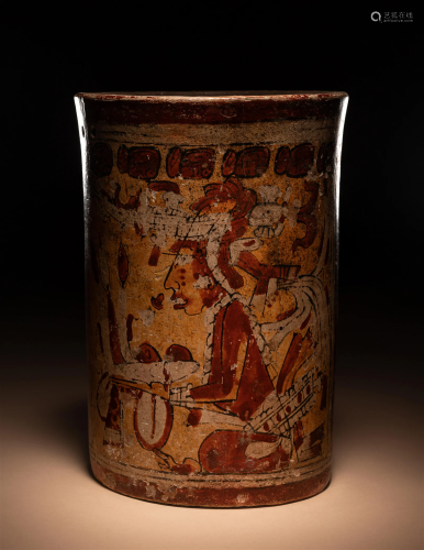 A Maya Polychrome Cylinder Vessel Height 7 1/4 inches (18.4 ...