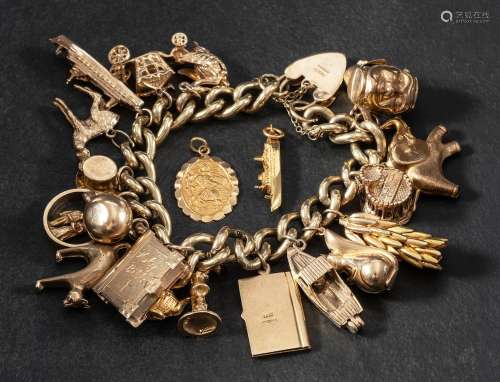 A 9ct gold curb-link, charm bracelet with charms,: the heart...