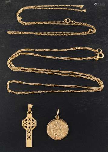 A 9ct gold St Christopher and a Celtic cross pendant,