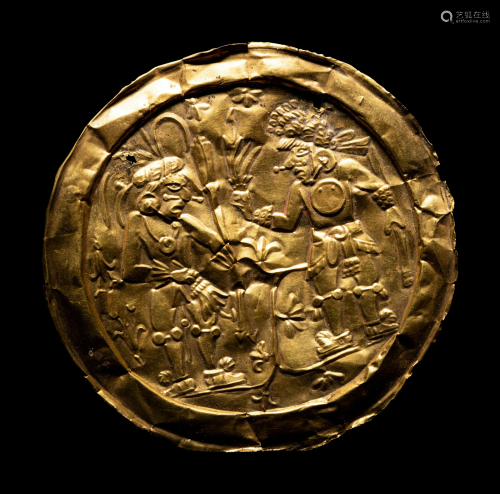 An Aztec or Toltec Gold Embossed Disc Diameter 3 3/16 inches...