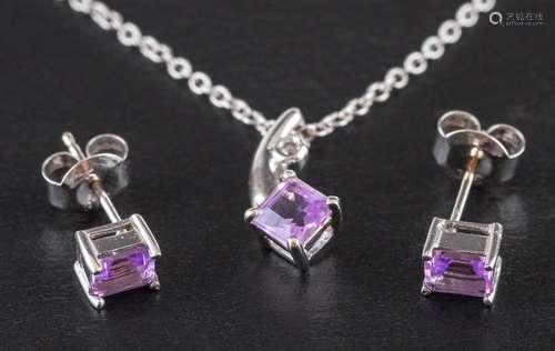 A pair of diamond ear studs, a pair of amethyst ear studs an...