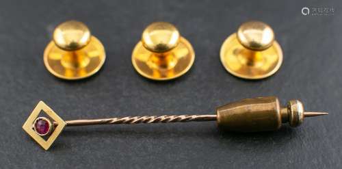 A set of dress studs and a ruby stickpin,: stamped 18ct, dia...