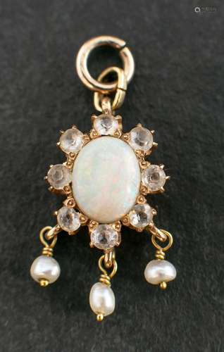 A cabochon-cut opal, white topaz and seed pearl pendant,: es...