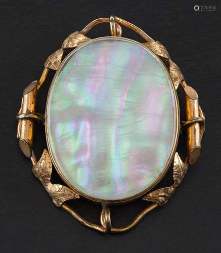 Two oval, gilt metal pendant/ brooches,