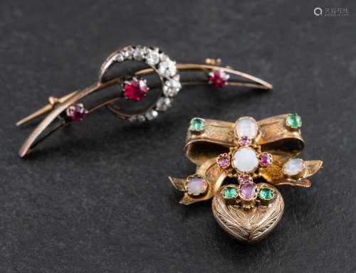 Two gold brooches,: one old-cut diamond and synthetic ruby c...