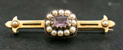 An amethyst and seed pearl bar brooch,: length of brooch ca....