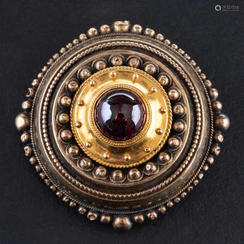 A 15ct gold, late Victorian, Etruscan Revival style, cabocho...