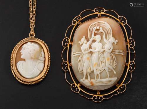 Two carved shell cameos,: a carve shell cameo brooch depicti...