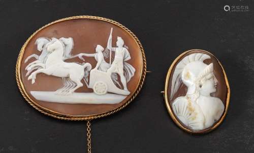Two carved shell cameo brooches,: one depicting Mars in prof...