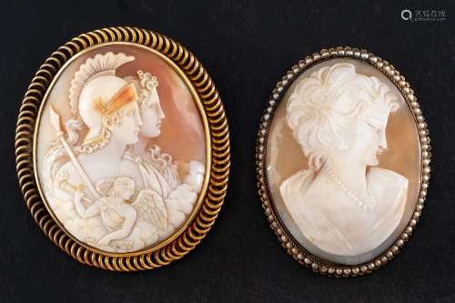Two carved shell cameo brooches:, one depicting Mars,