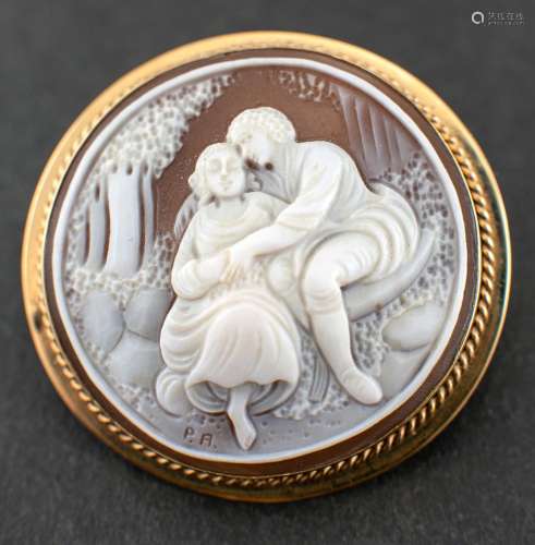 A 9ct gold shell cameo,: depicting a courting couple, hallma...