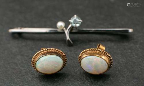 A pair of opal ear studs and an aquamarine and cultured pear...