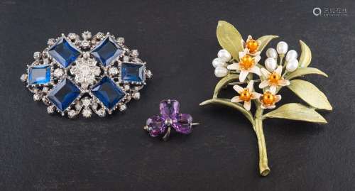 Four items of silver and costume jewellery,: including an am...