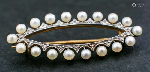 A navette-shaped brooch to cultured pearls and rose-cut diam...