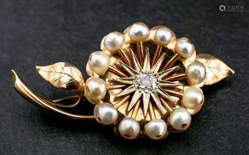 A cushion-cut diamond and pearl flower brooch,: estimated di...