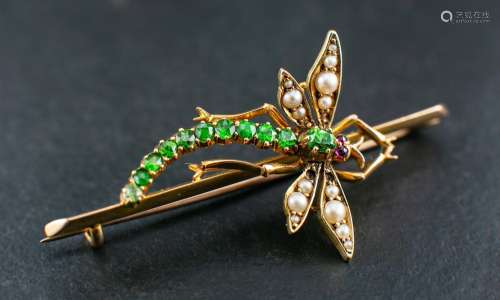 WITHDRAWN A peridot, ruby and seed pearl dragonfly brooch,: ...