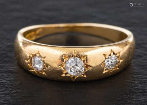 An 18ct gold, old-cut diamond, three-stone ring,: total esti...