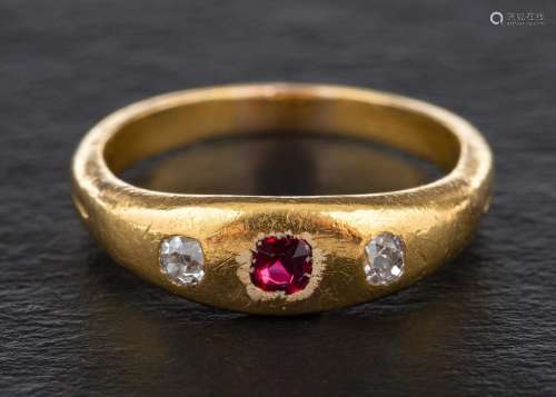 A ruby and old-cut diamond three stone ring,: total estimate...