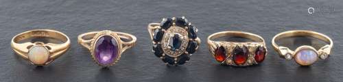 Five rings,: including a 18ct gold opal ring with hallmarks ...